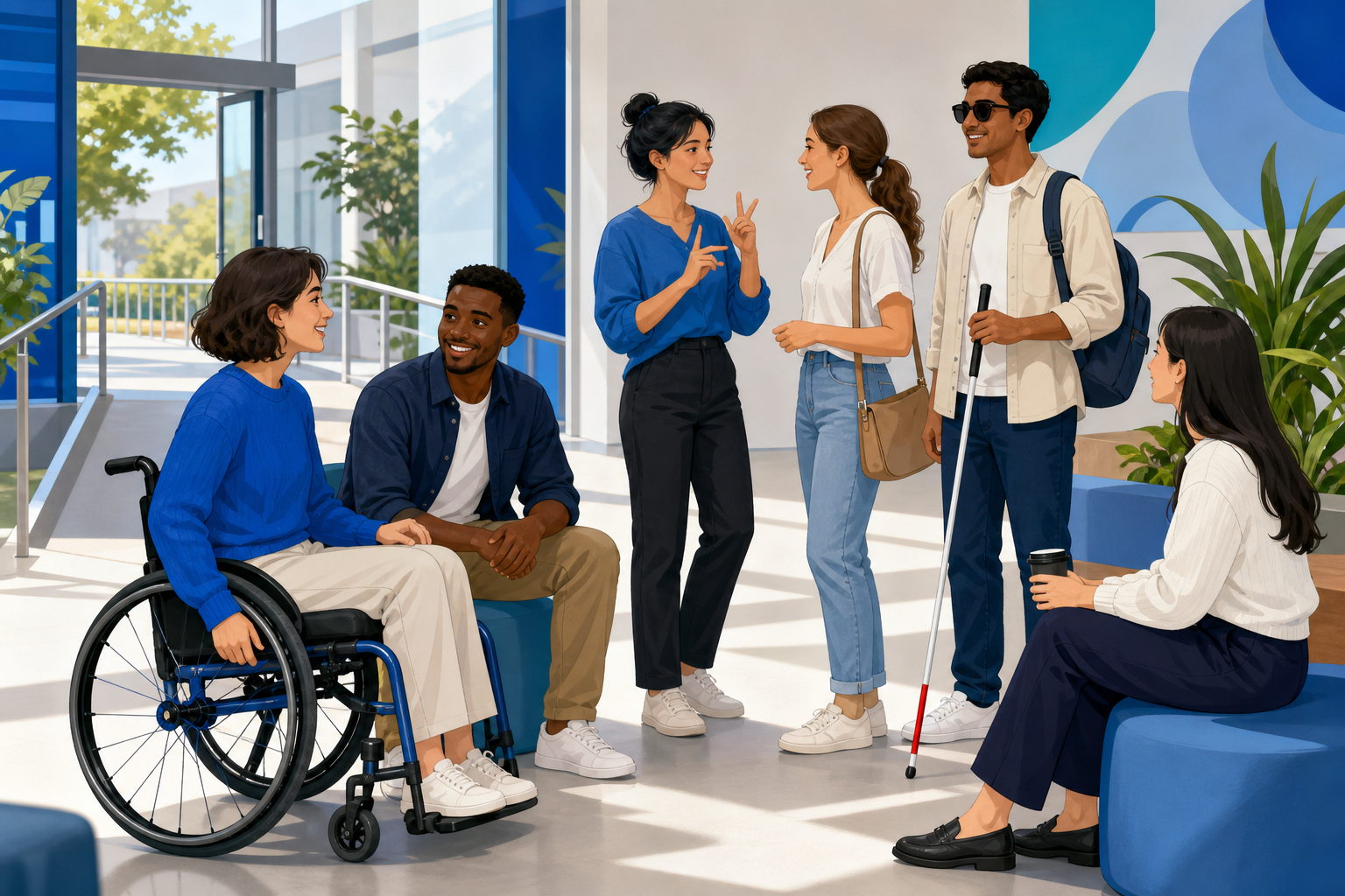A diverse group, including wheelchair and white-cane users, socializing together in an accessible community space